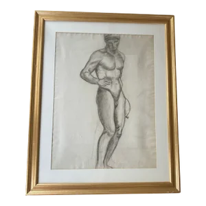 Framed Male Nude Charcoal Drawing