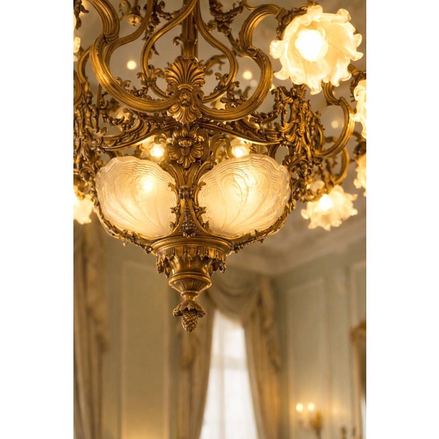 French 1860 French Artisan Louis XVI Gold Bronze Chandelier For Sale - Image 3 of 18