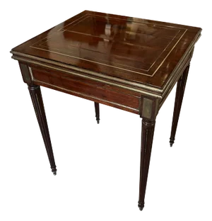 French Mahogany Card Table with Crimson Baize Game Surface and Brass Inlay, Mid-19th Century