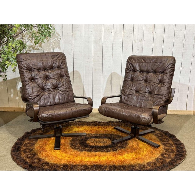 Norwegian Swivel Chairs in Leather and Beech, 1970s, Set of 2 For Sale - Image 15 of 15