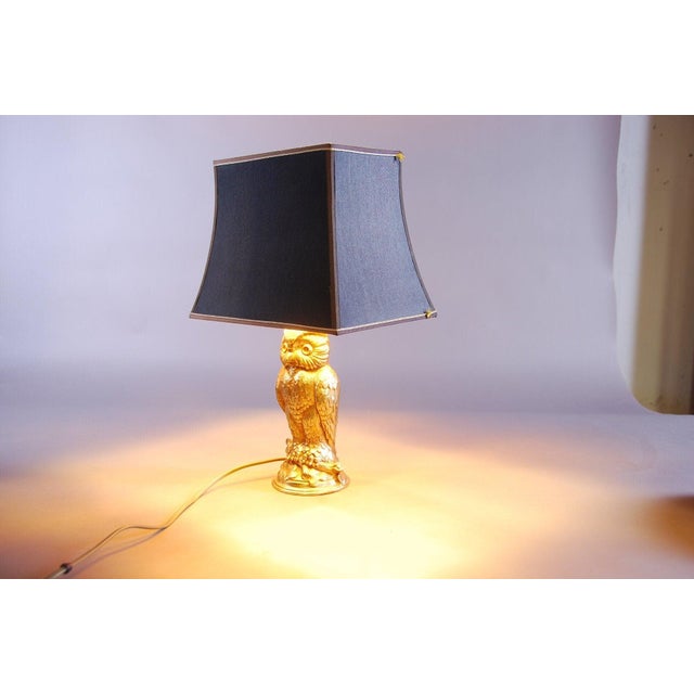 Gold-Toned Owl Table Lamp with Black Shade attributed to Loevsky & Loevsky, 1960s For Sale - Image 3 of 5