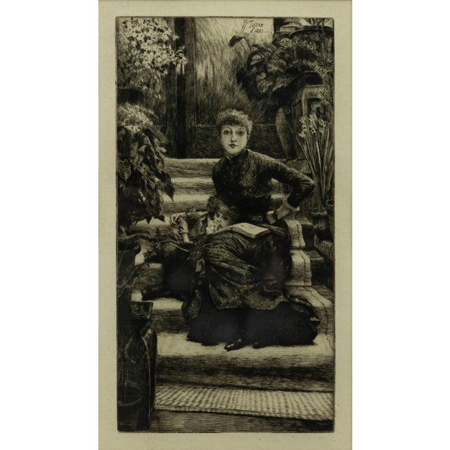 Finely executed etching with drypoint by James Jacques Tissot, depicting an intimate domestic scene rendered with the...