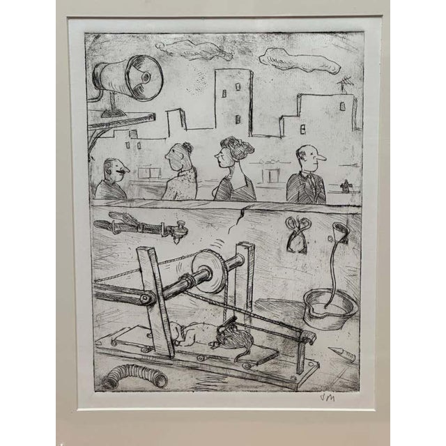 This original caricature by John Marx is divided into two registers: above, an urban scene with four figures; below, a...