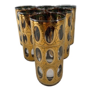Mid 20th Century Set of 6 Culver “Pisa” Highball Glasses – Mid-Century Gold Cocktail Barware For Sale