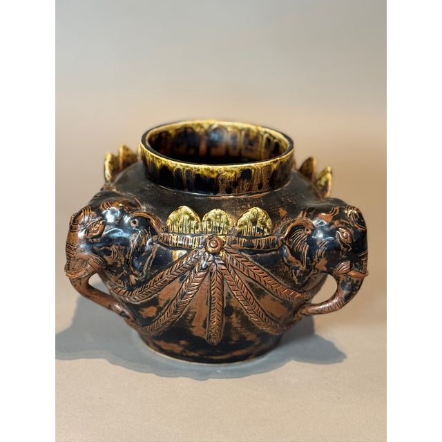 Ceramic Antique Elephant Motif Ceramic Vessel With Gilded Accents For Sale - Image 7 of 7