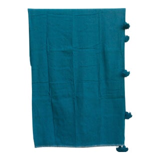 Peacock Blue Moroccan Pom Pom Blanket For Sale