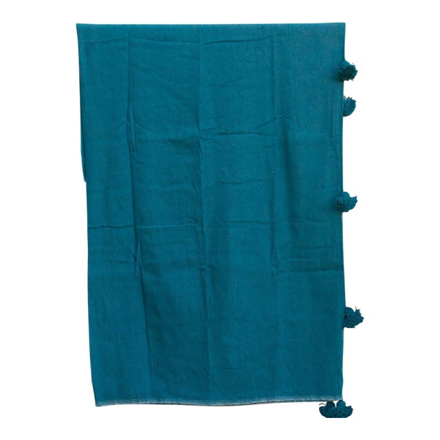 Peacock Blue Moroccan Pom Pom Blanket For Sale