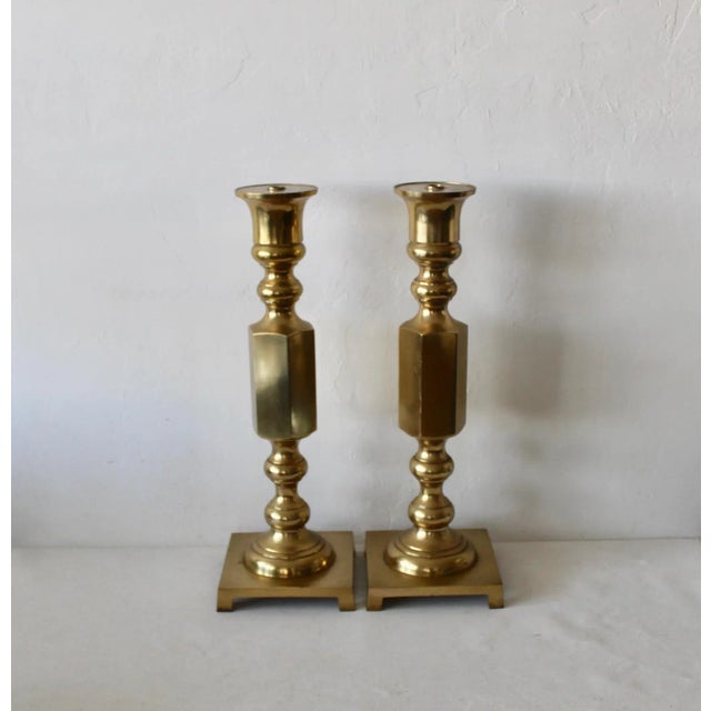 Mid-Century Modern Large Brass Altar Style Candleholders-a pair Good vintage condition, breaks apart, take regular size...