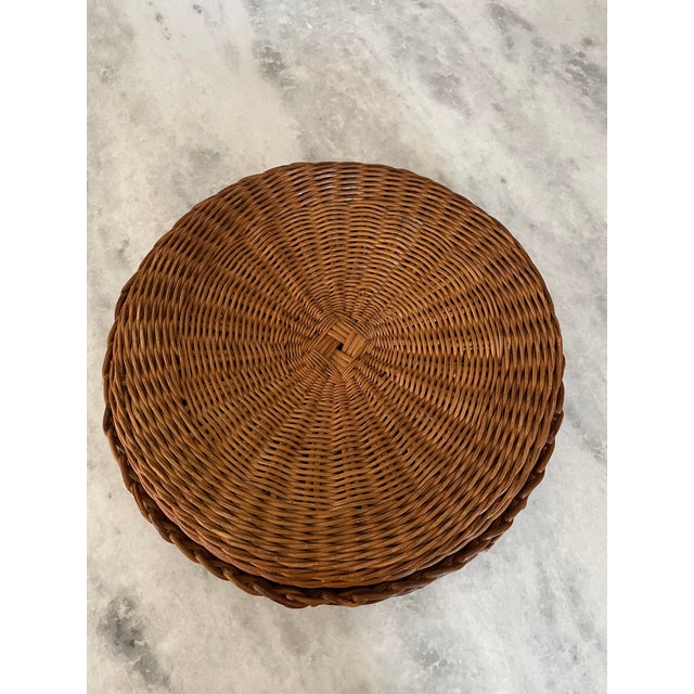 Brown Vintage Round Wicker Button Basket With Wood Beaded Lid For Sale - Image 8 of 9