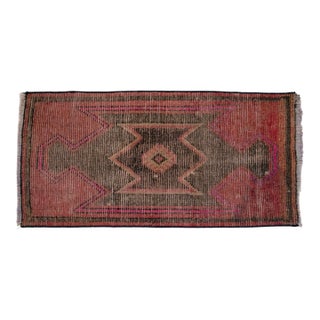 Distressed Low Pile Rug Kurdish Yastik Small Rug Faded Colors Mat - 19'' X 38'' For Sale