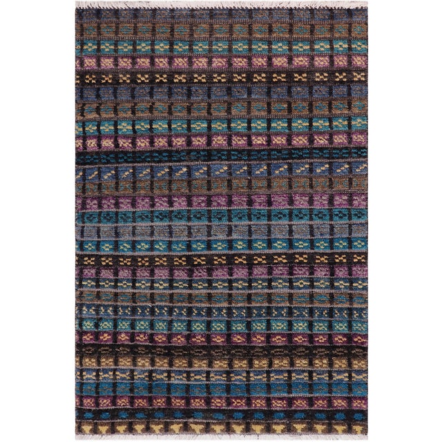 Rustic Abstract Black/Blue High Low Wool Rug - 2'11'' X 5'2'' For Sale - Image 9 of 9
