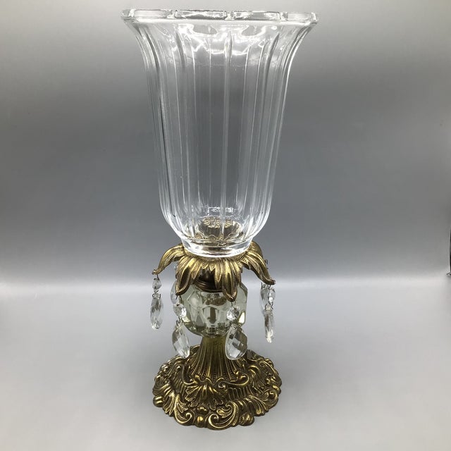 Wonderful brass and crystal hurricane style candle holder with hanging crystal prisms made by the L&L WMC company.