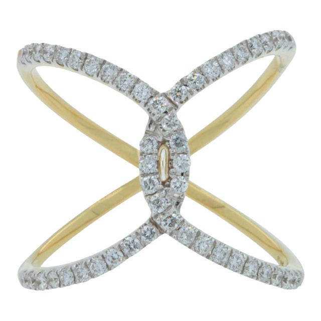 Brilliant Cut White Diamond X Criss Cross Pave Cocktail Fashion Open Bypass 14 K For Sale