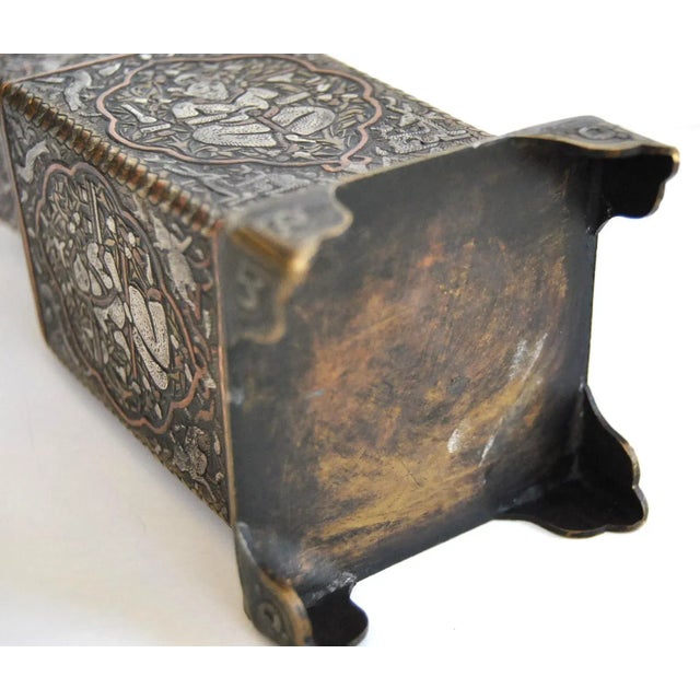 Gray Silver Copper Inlaid Antique Lamp Candlestick Safavid Mughal Engraved For Sale - Image 8 of 8