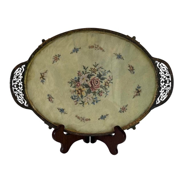 Early 20th Century Victorian Embroidery Under Glass Oval Serving Tray With Pierced Handles – 13.25” For Sale