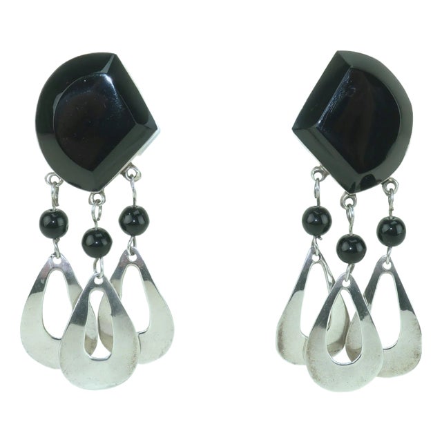 Taxco Mexico Sterling Silver & Black Glass Dangle Earrings, 1960’s, A Pair For Sale