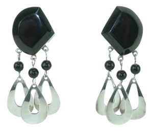 Taxco Mexico Sterling Silver & Black Glass Dangle Earrings, 1960’s, A Pair