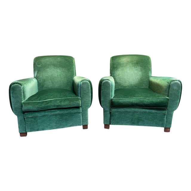 Set of Green Velvet Club Armchairs For Sale