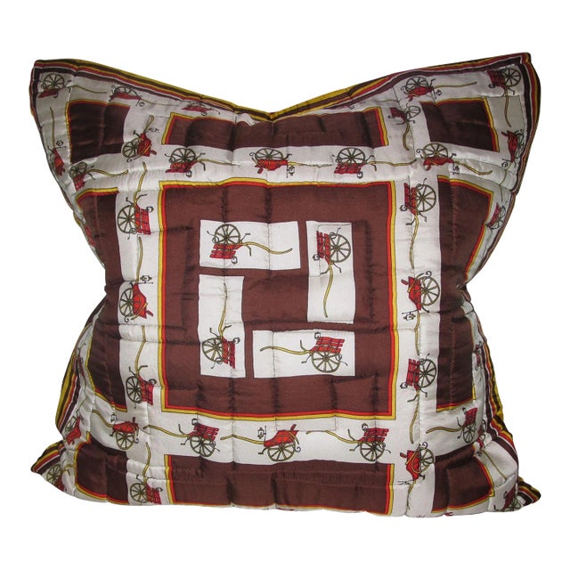 Vintage Quilted Hermes-Style Silk Scarf Throw Pillow Cover For Sale