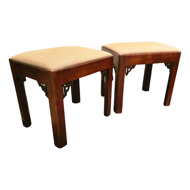 Pair of Vintage W & J Sloane Ming-Style Hardwood Benches With Corner Spandrels For Sale