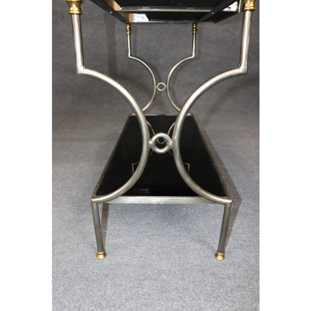 John Vesey Attributed Steel & Brass Two Teir Console W/ Black Glass For Sale - Image 12 of 13