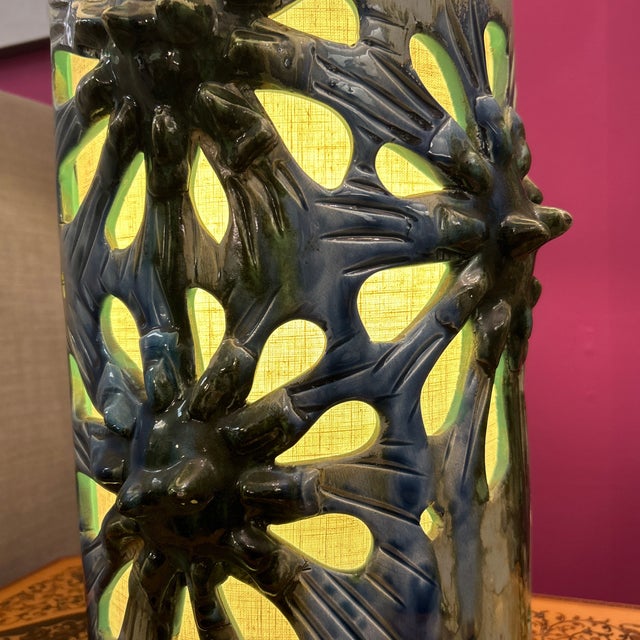 Blue 1960s Mid - Century Modern Ceramic Openwork Lamp With Top and Bottom Light Sources For Sale - Image 8 of 10