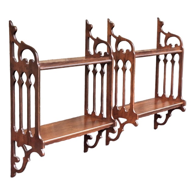 Pair of Mid 20th Century Chinese Chippendale Style Mahogany Wall Shelves For Sale