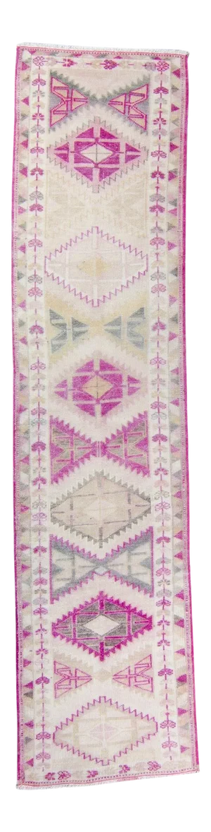 Vintage 1940s Pink Beige Kurdish Geometric Wool Faded Runner - 10’10” X 2’ 7.5”