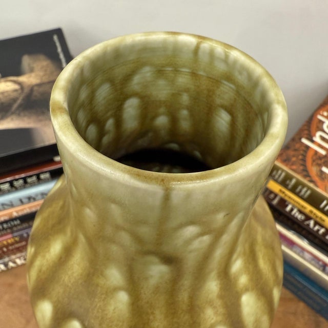 Green Two-Tone Green Ceramic Vase with Mustard Drip Glaze Accent For Sale - Image 8 of 9