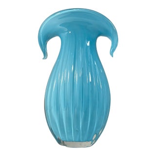 Art Glass Aqua Blue Vase Crescent Clam Lip Fluted Vase For Sale