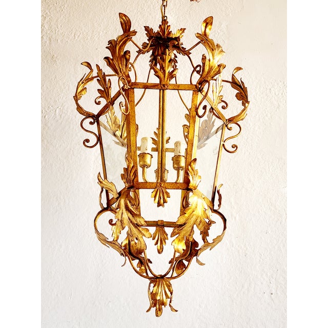 Vintage Italian Gilt Iron Louis XVI Style Hanging Lantern For Sale - Image 4 of 12