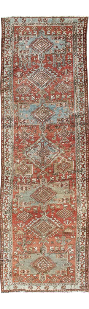 Brick Red and Light Blue-Gray Toned Antique Heriz Gallery Rug With Medallions