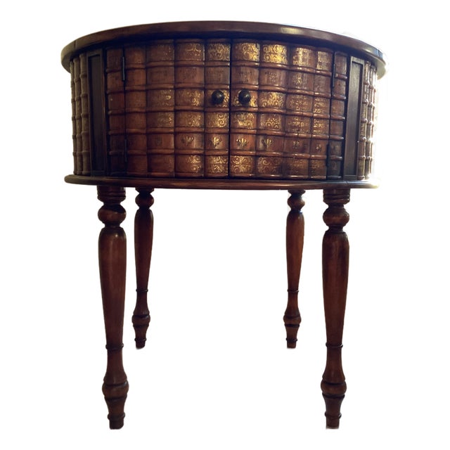 Theodore Alexander Hand-Carved Vintage Wooden Drum Book Table For Sale