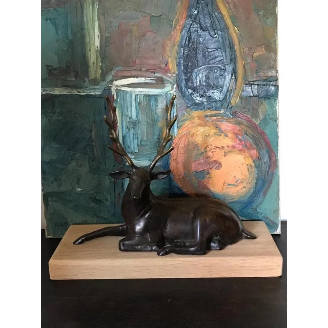 Large Vintage Bronze Sculpture of a Sitting Deer, France, 1975 For Sale - Image 6 of 6