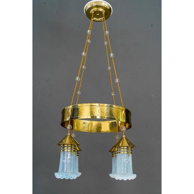 1920s Art Deco Hammered Chandelier with Opaline Glass Shades, Vienna, 1920 For Sale - Image 5 of 18