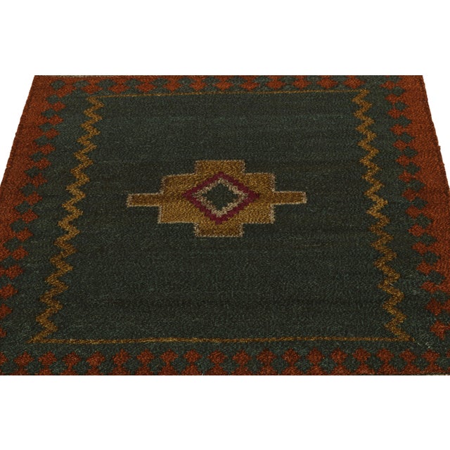 Tribal 1950s Vintage Sofreh Kilim Rug in Green-Blue With Gold Tribal Medallion Pattern For Sale - Image 3 of 7