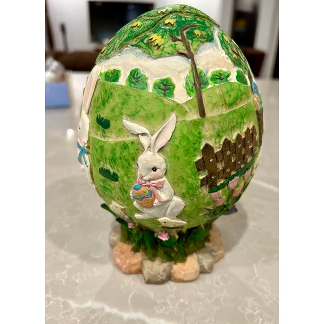 Hand Painted, Carved Resin Easter Egg With Bunny Garden Scenes For Sale - Image 4 of 9