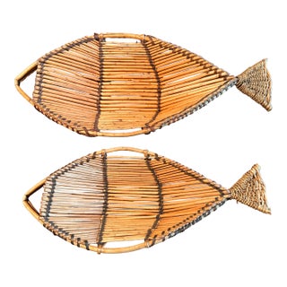 Pair of Vintage Rattan and Bamboo Fish Baskets For Sale