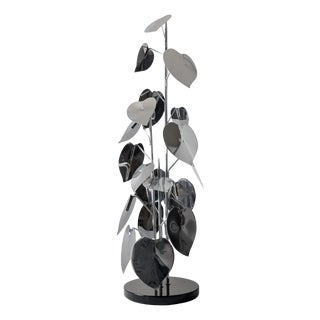 Standing Sculpture with Leaves and Circular Base, 1970s, Chrome Plated Metal For Sale