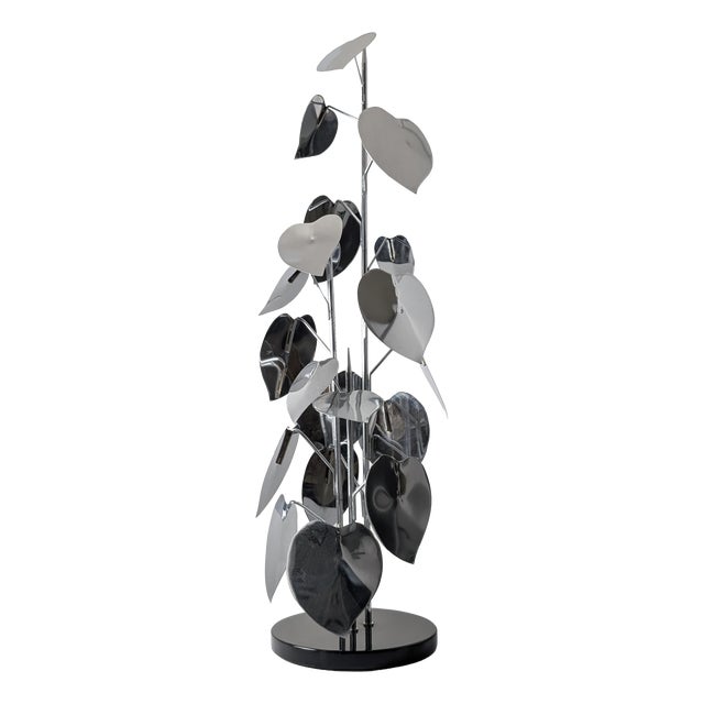 Standing Sculpture with Leaves and Circular Base, 1970s, Chrome Plated Metal For Sale