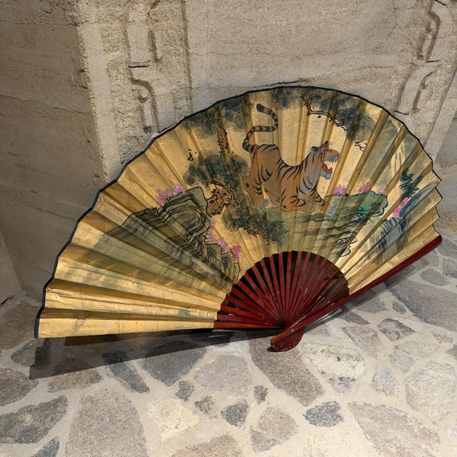 Large Decorative Asian Folding Fan Featuring a Hand-Painted Tiger For Sale In San Diego - Image 6 of 15