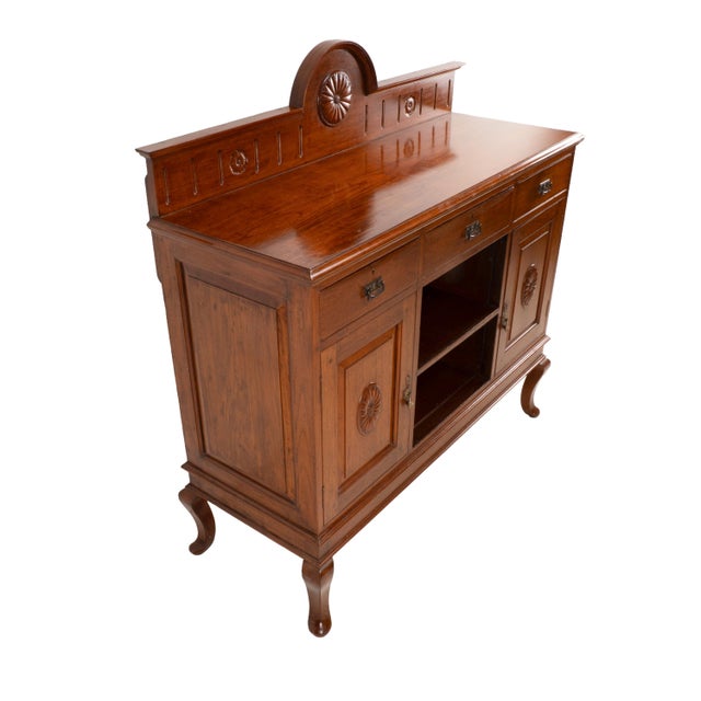 Early 20th Century English Edwardian Oak Sideboard Buffet Server Carved Sunflower Motif Cabinet For Sale - Image 9 of 18