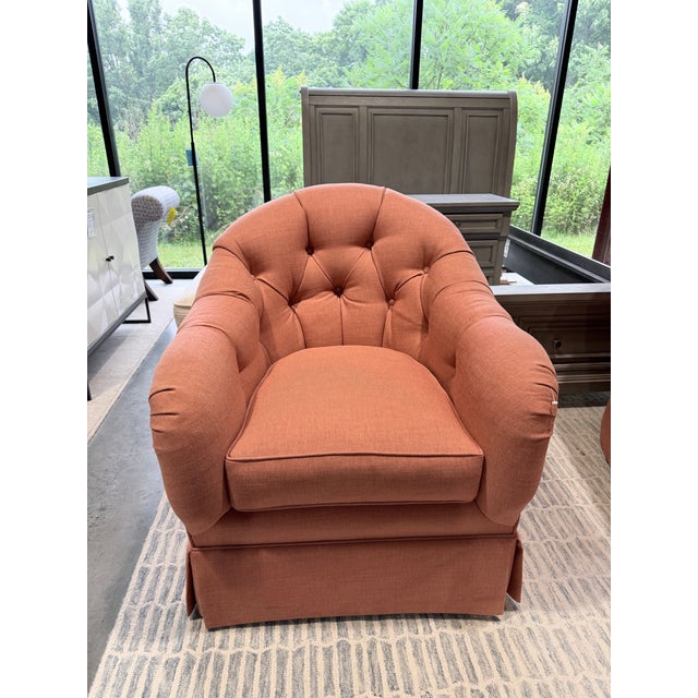 Coastal Set of Kravet Tufted Swivel Club Chairs With Matching Ottoman For Sale - Image 3 of 12