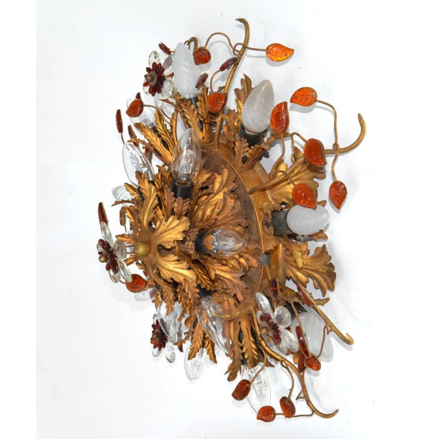 Art Deco Art Deco Maison Baguès 15 Lights Flush Mount Glass & Gilt Iron Ceiling Light For Sale - Image 3 of 13