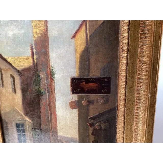19th c. English School oil on canvas, untitled, depicts a street scene with mother and child standing in front of what...