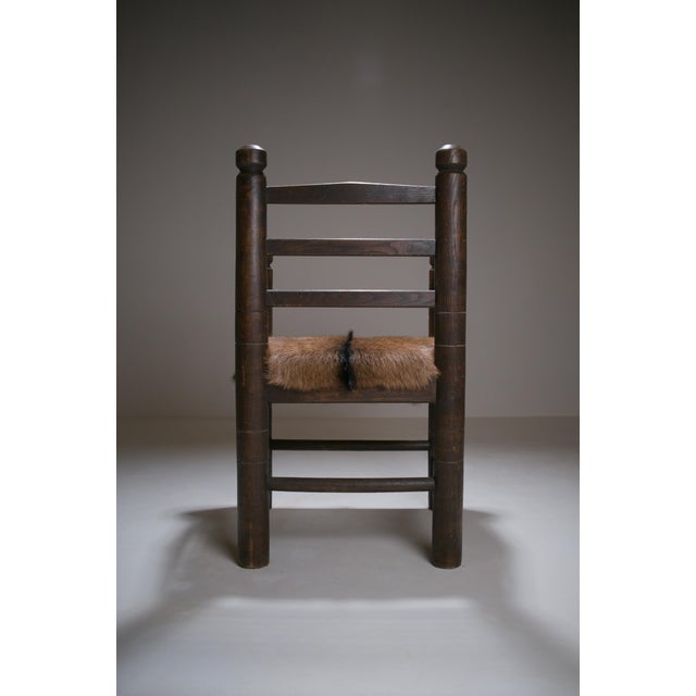 Wood Rustic Modernist French Armchair in Stained Oak and Animal Hide, 1950 For Sale - Image 7 of 18