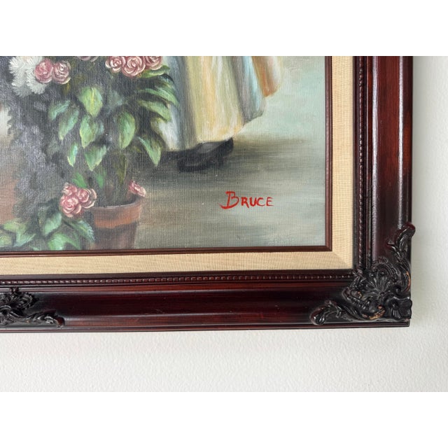 1970s Vintage Bruce Figurative Floral Market Scene Oil on Canvas Painting For Sale - Image 9 of 10