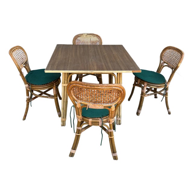 1940s Calif Asia Bamboo Rattan Kitchen Dining Set 4 Chairs 1 Table - Set of 5 For Sale