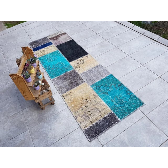 Beige & Blue Vintage Runner Rug For Sale - Image 10 of 10