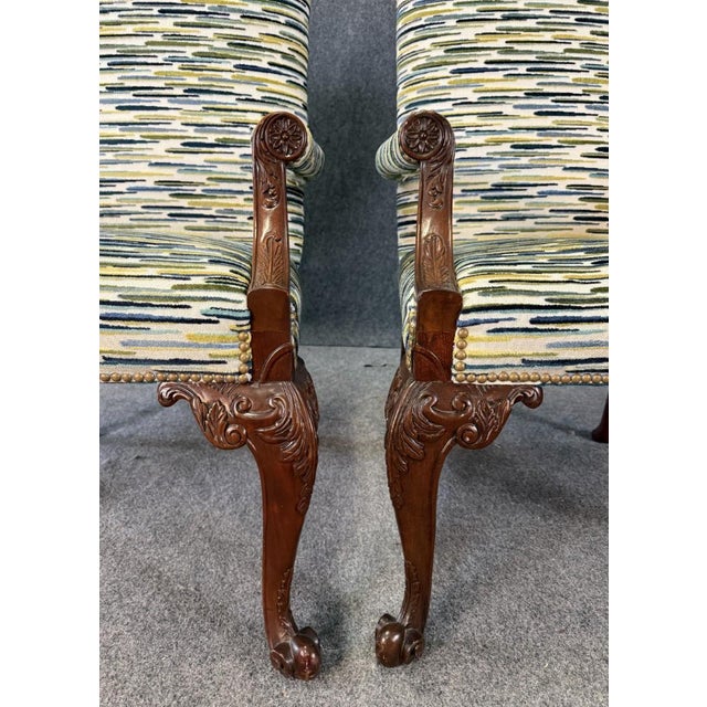 Late 20th Century Pair of Baker Furniture Attributed Stately Homes Gainsborough Arm Chairs in Green & Blue For Sale - Image 9 of 11